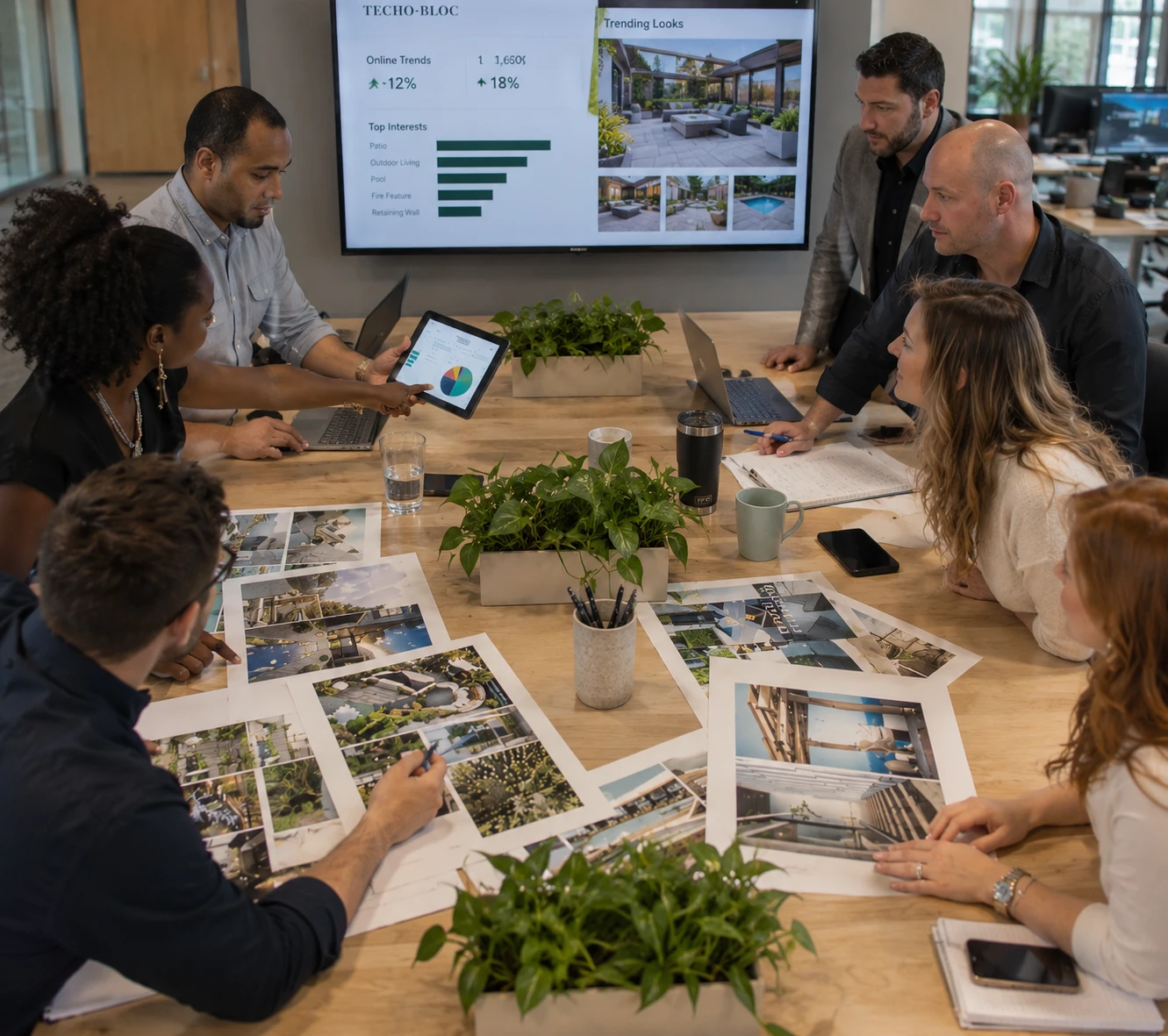 Landscape designers collaborating around a table of project renderings